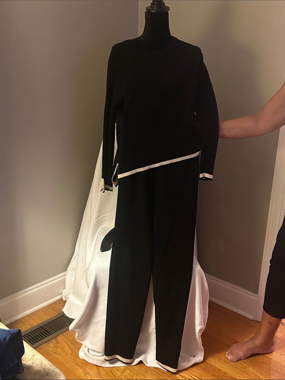 Black Two-Piece Knit Panysuit with White Trim